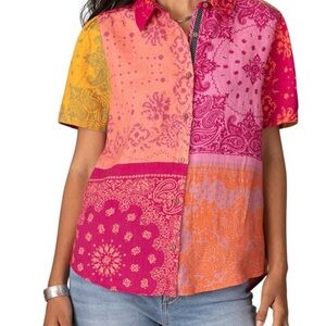 Sundance Pure Linen Shirt Sz L Patchwork Quilt Bandana Design Button Up